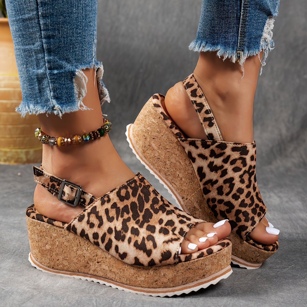 Comfortable Platform Sandals for Women with Leopard Print Buckle Strap Wedge Style