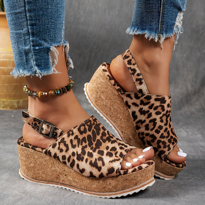 Comfortable Platform Sandals for Women with Leopard Print Buckle Strap Wedge Style