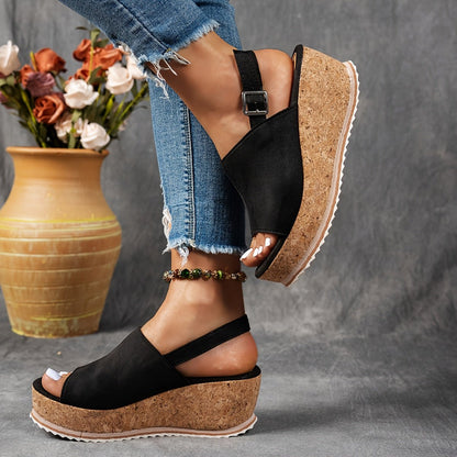 Comfortable Platform Sandals for Women with Leopard Print Buckle Strap Wedge Style