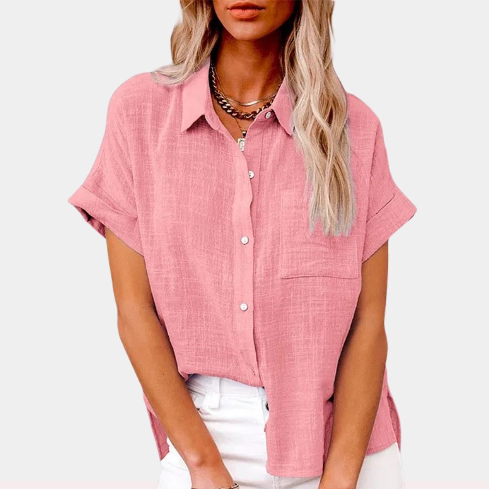 Effortless Linen Black Shirt for Women with Collar Short Sleeve Chest Pocket Casual Style
