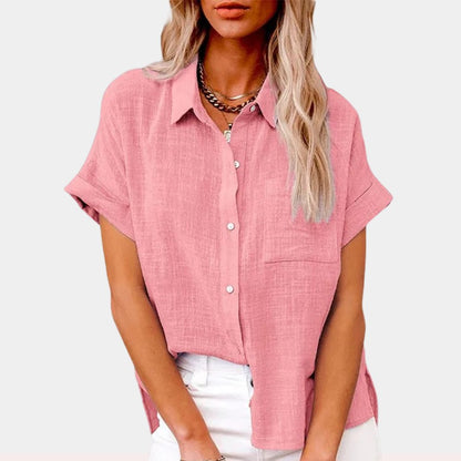 Effortless Linen Black Shirt for Women with Collar Short Sleeve Chest Pocket Casual Style