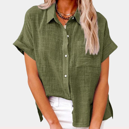 Effortless Linen Black Shirt for Women with Collar Short Sleeve Chest Pocket Casual Style