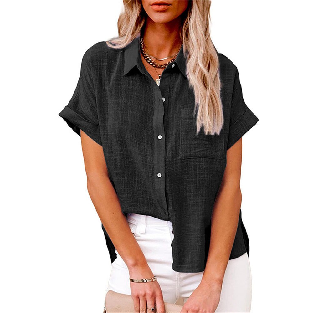 Effortless Linen Black Shirt for Women with Collar Short Sleeve Chest Pocket Casual Style
