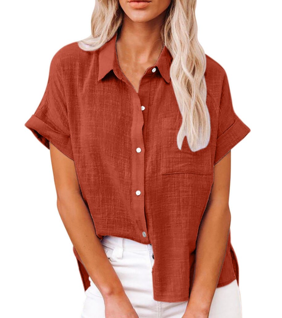 Effortless Linen Black Shirt for Women with Collar Short Sleeve Chest Pocket Casual Style