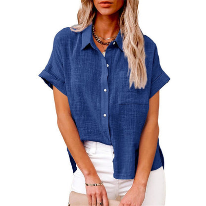 Effortless Linen Black Shirt for Women with Collar Short Sleeve Chest Pocket Casual Style