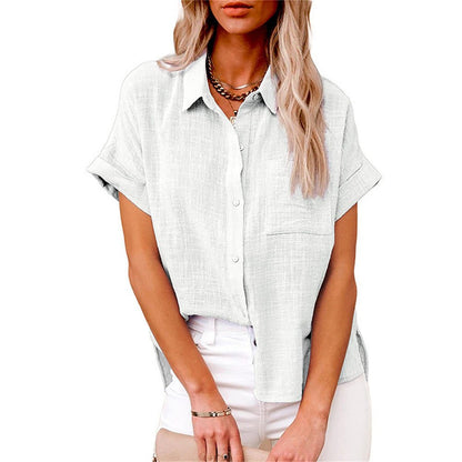 Effortless Linen Black Shirt for Women with Collar Short Sleeve Chest Pocket Casual Style