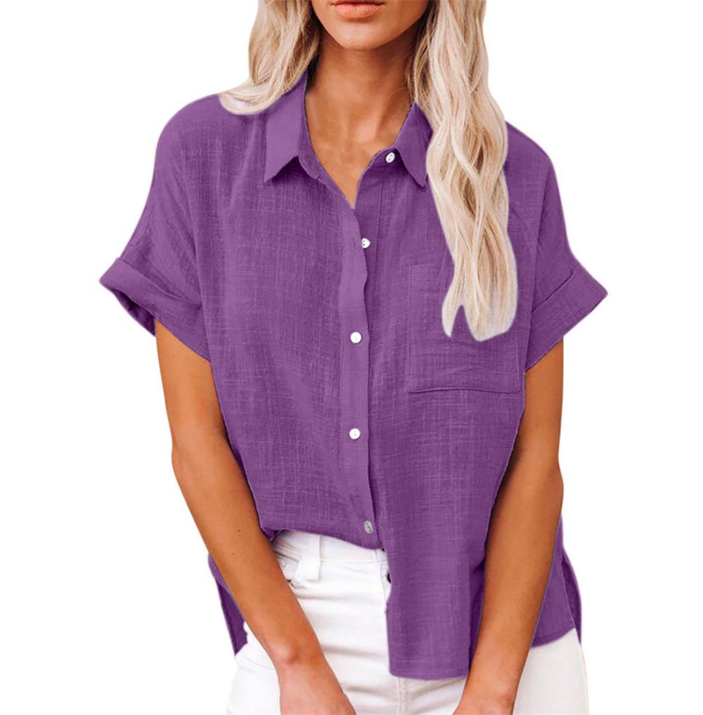 Effortless Linen Black Shirt for Women with Collar Short Sleeve Chest Pocket Casual Style