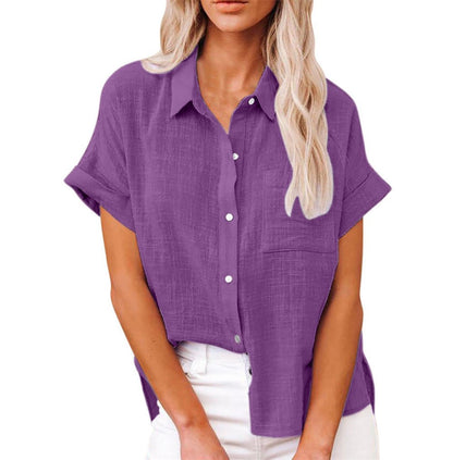 Effortless Linen Black Shirt for Women with Collar Short Sleeve Chest Pocket Casual Style