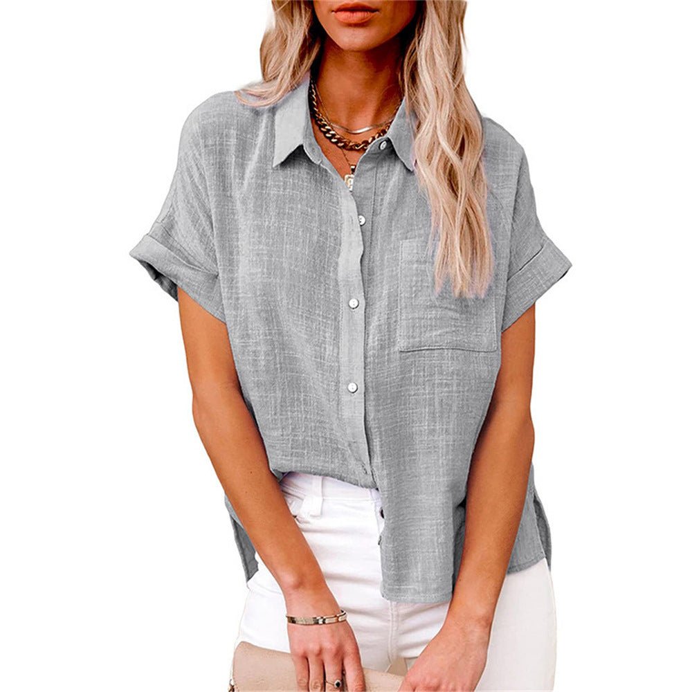 Effortless Linen Black Shirt for Women with Collar Short Sleeve Chest Pocket Casual Style