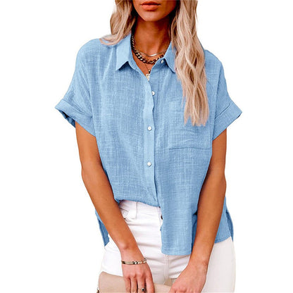 Effortless Linen Black Shirt for Women with Collar Short Sleeve Chest Pocket Casual Style