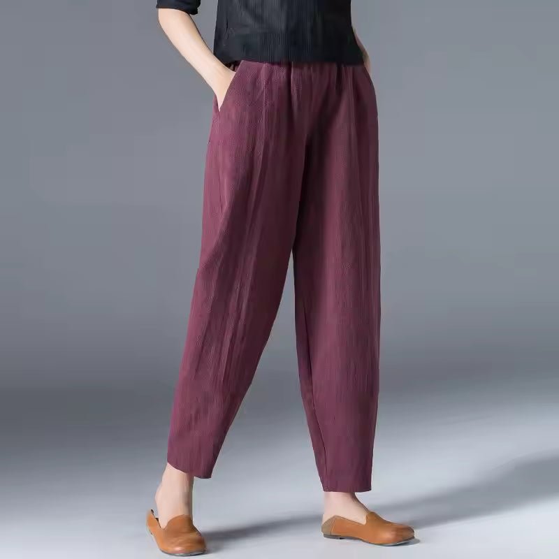 Effortless Linen Tapered Pants for Women with High Waist Elastic Ankle Length Casual Style