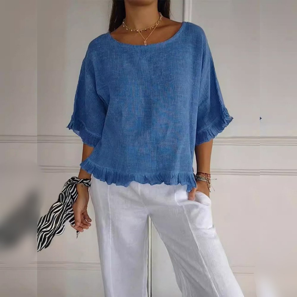 Effortless Linen Blouse for Women with Round Neck Elbow Sleeve Ruffle Hem Relaxed Casual Style