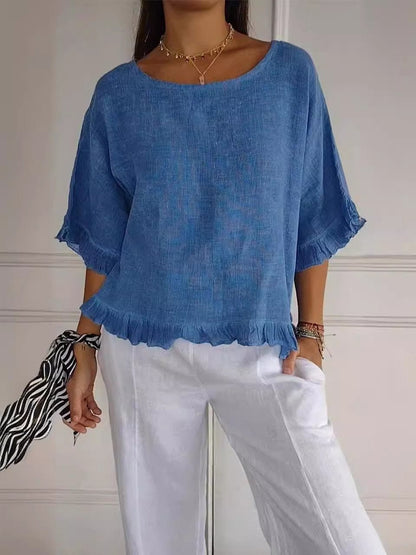 Effortless Linen Blouse for Women with Round Neck Elbow Sleeve Ruffle Hem Relaxed Casual Style