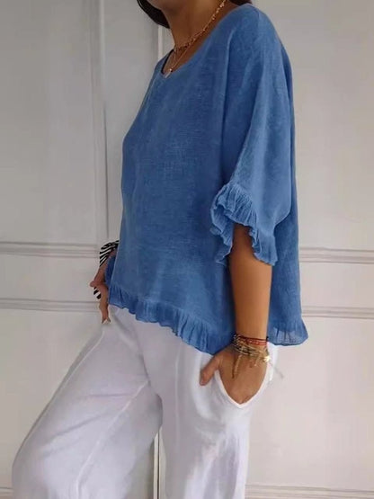 Effortless Linen Blouse for Women with Round Neck Elbow Sleeve Ruffle Hem Relaxed Casual Style
