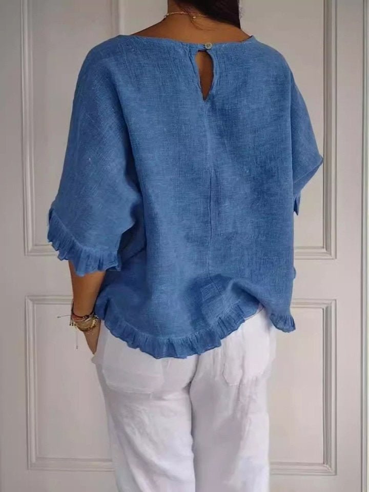 Effortless Linen Blouse for Women with Round Neck Elbow Sleeve Ruffle Hem Relaxed Casual Style