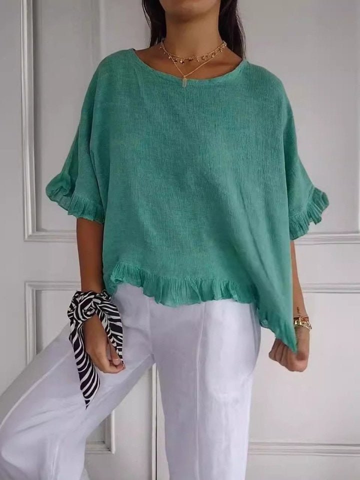 Effortless Linen Blouse for Women with Round Neck Elbow Sleeve Ruffle Hem Relaxed Casual Style