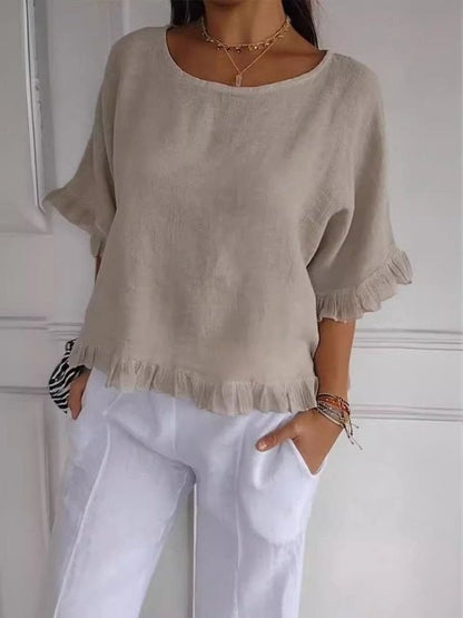 Effortless Linen Blouse for Women with Round Neck Elbow Sleeve Ruffle Hem Relaxed Casual Style