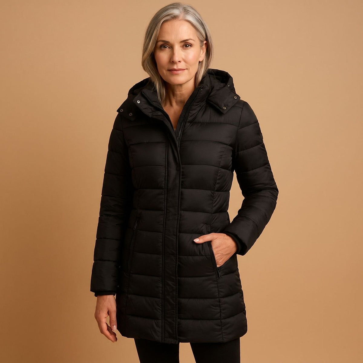 Cozy Black Puffer Jacket for Women with Hooded Collar Zip Up Quilted Lightweight Winter Style