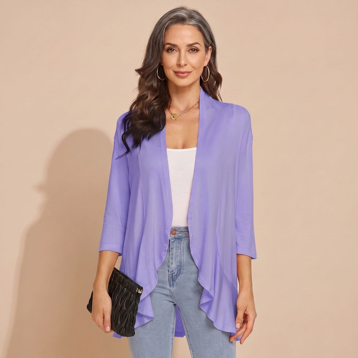 Cozy Purple Cardigan Sweater for Women with Open Front 3/4 Sleeve Lightweight Wrap Style
