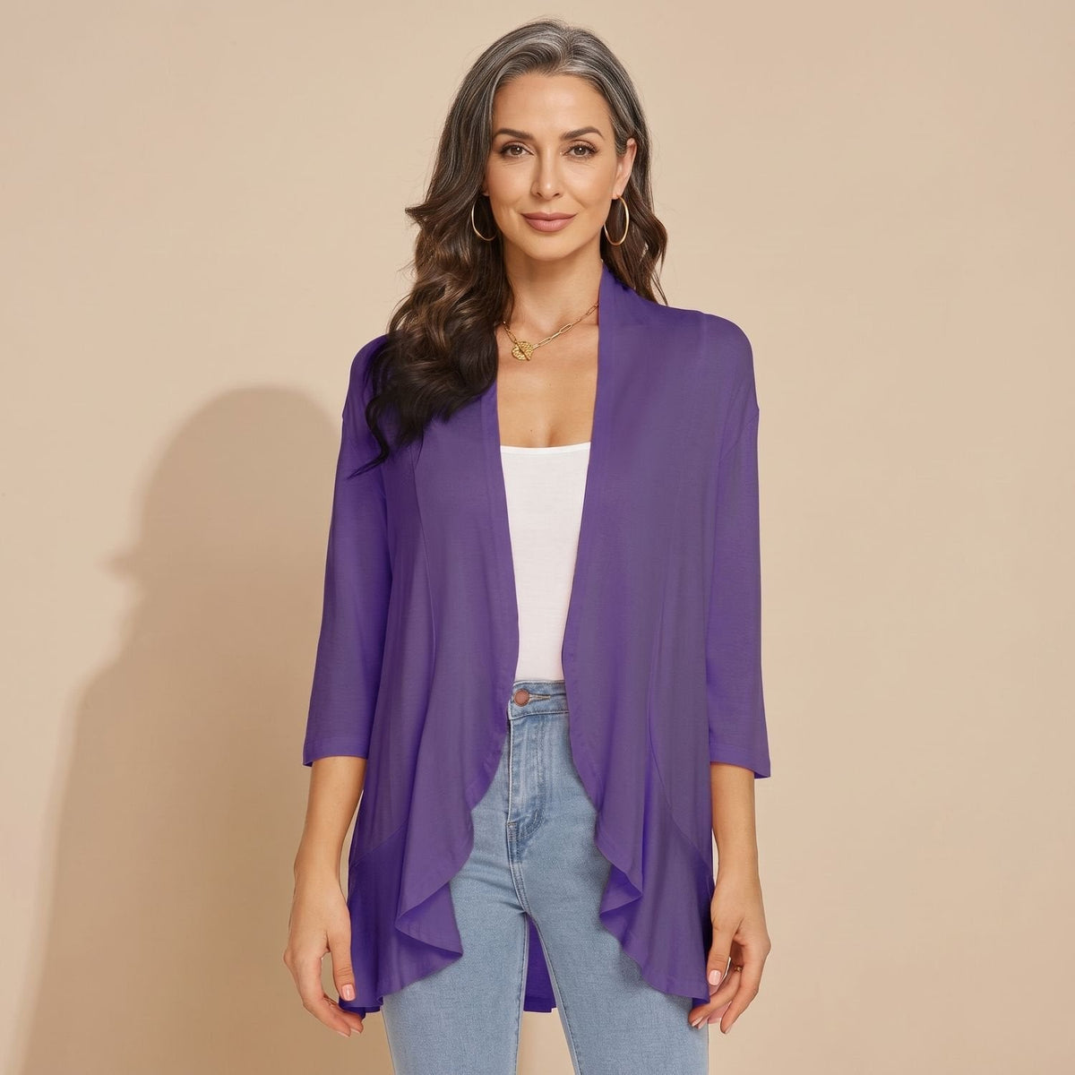 Cozy Purple Cardigan Sweater for Women with Open Front 3/4 Sleeve Lightweight Wrap Style