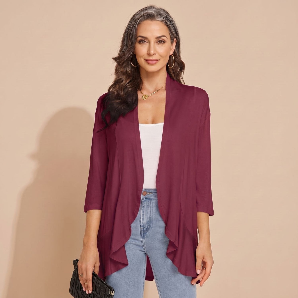 Cozy Purple Cardigan Sweater for Women with Open Front 3/4 Sleeve Lightweight Wrap Style