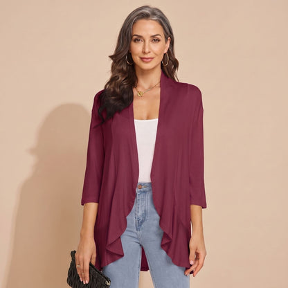 Cozy Purple Cardigan Sweater for Women with Open Front 3/4 Sleeve Lightweight Wrap Style