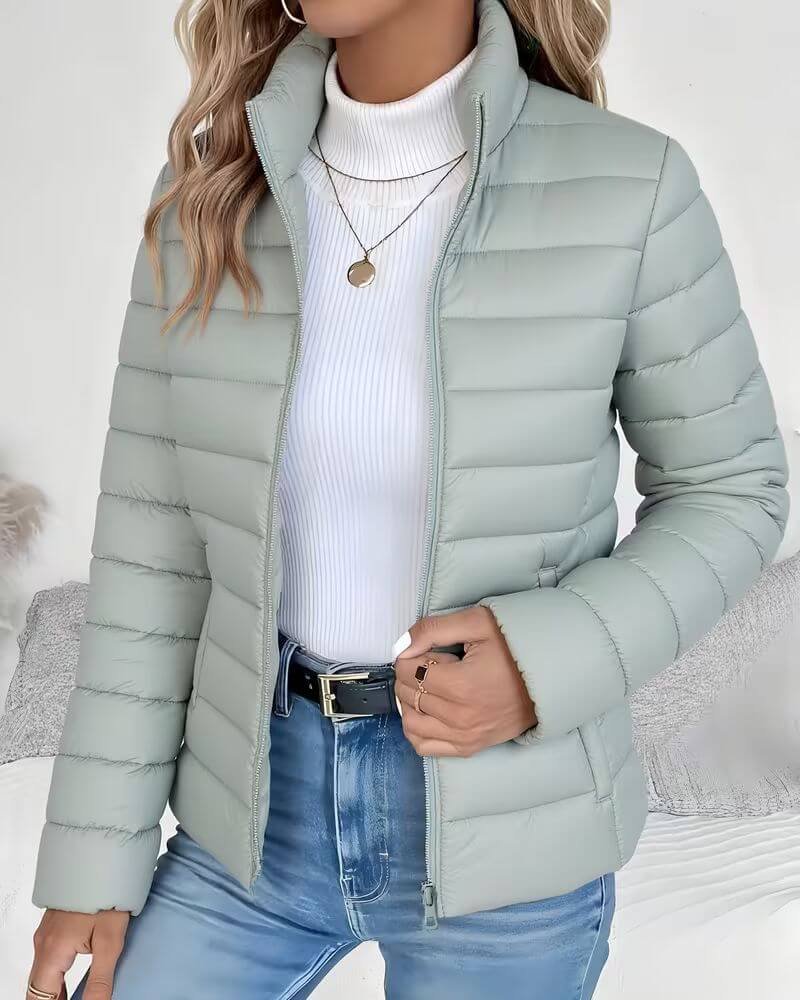 Effortless Quilted Puffer Jacket for Women with High Neck Long Sleeve Zip Front Casual Style