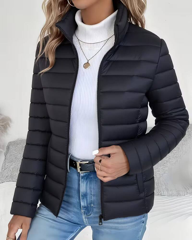 Effortless Quilted Puffer Jacket for Women with Stand Collar Long Sleeve Zip Front Relaxed Style