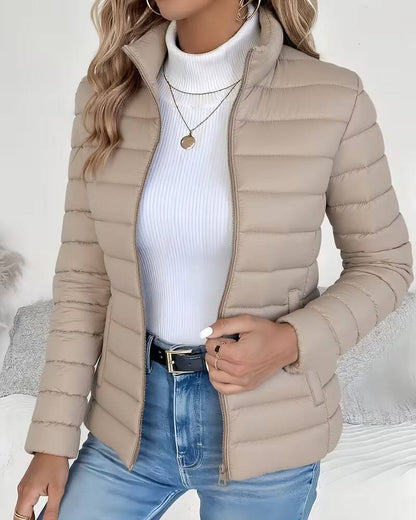 Effortless Quilted Puffer Jacket for Women with High Neck Long Sleeve Zip Front Casual Style