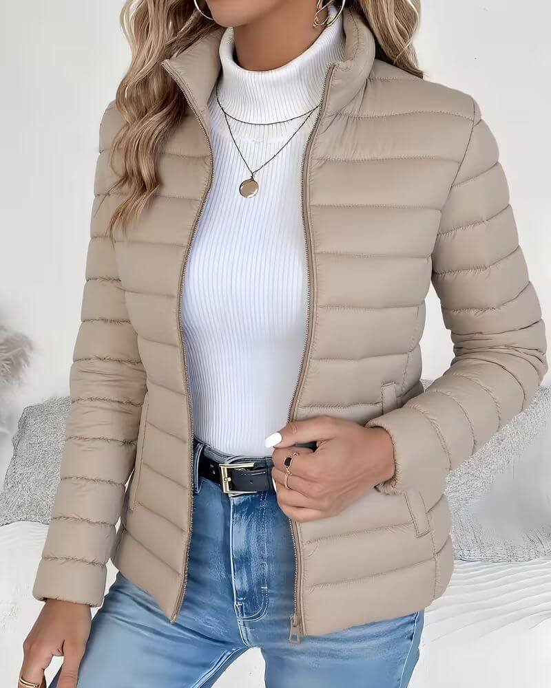 Effortless Quilted Puffer Jacket for Women with Stand Collar Long Sleeve Zip Front Relaxed Style