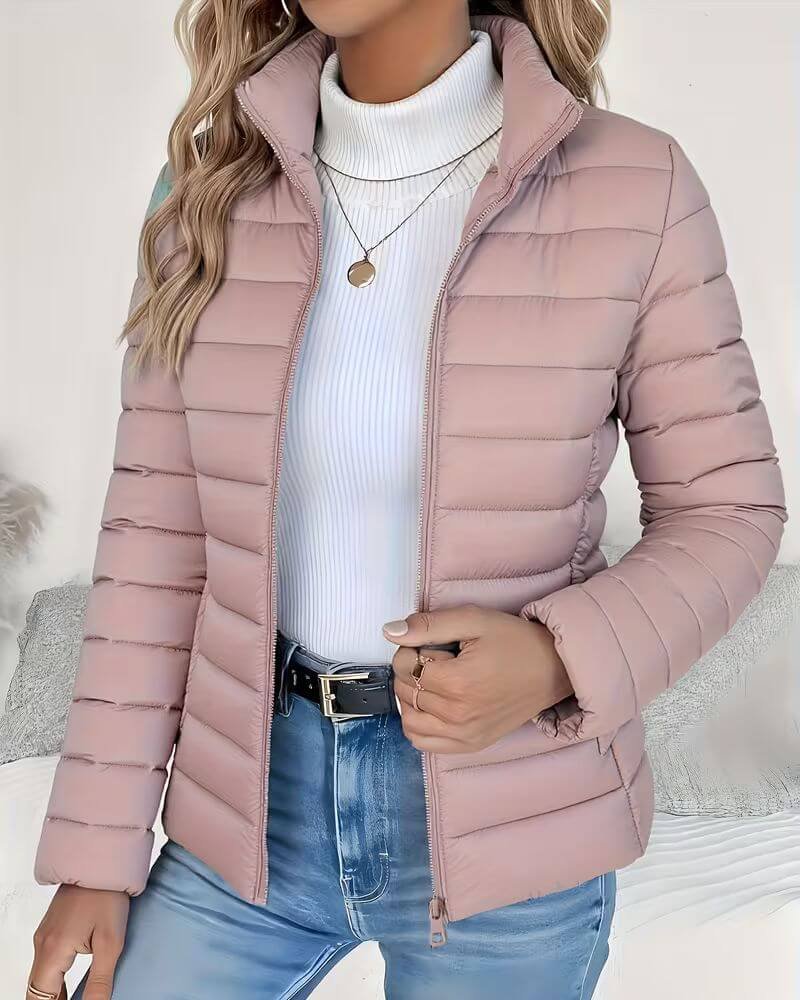 Effortless Quilted Puffer Jacket for Women with High Neck Long Sleeve Zip Front Casual Style