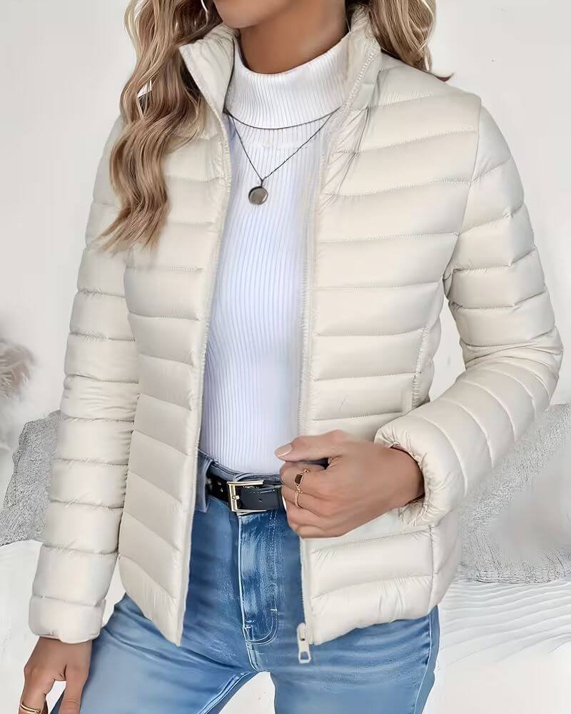 Effortless Quilted Puffer Jacket for Women with High Neck Long Sleeve Zip Front Casual Style