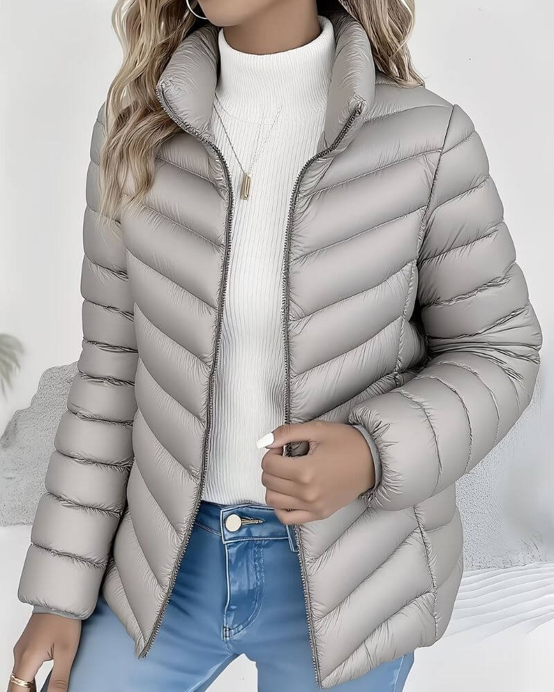 Effortless Quilted Puffer Jacket for Women with High Neck Long Sleeve Zip Front Casual Style