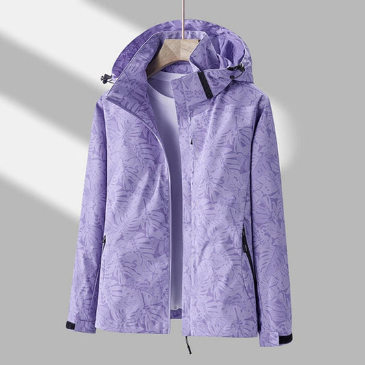 Stylish Tropical Leaf Print Hooded Jacket for Women with Zip Up Long Sleeve Zippered Pocket Outdoor Style