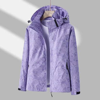 Stylish Tropical Leaf Print Hooded Jacket for Women with Zip Up Long Sleeve Zippered Pocket Outdoor Style