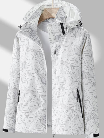 Stylish Tropical Leaf Print Hooded Jacket for Women with Zip Up Long Sleeve Zippered Pocket Outdoor Style