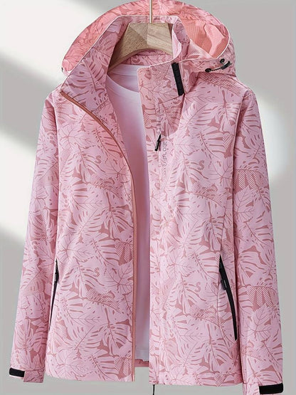 Stylish Tropical Leaf Print Hooded Jacket for Women with Zip Up Long Sleeve Zippered Pocket Outdoor Style