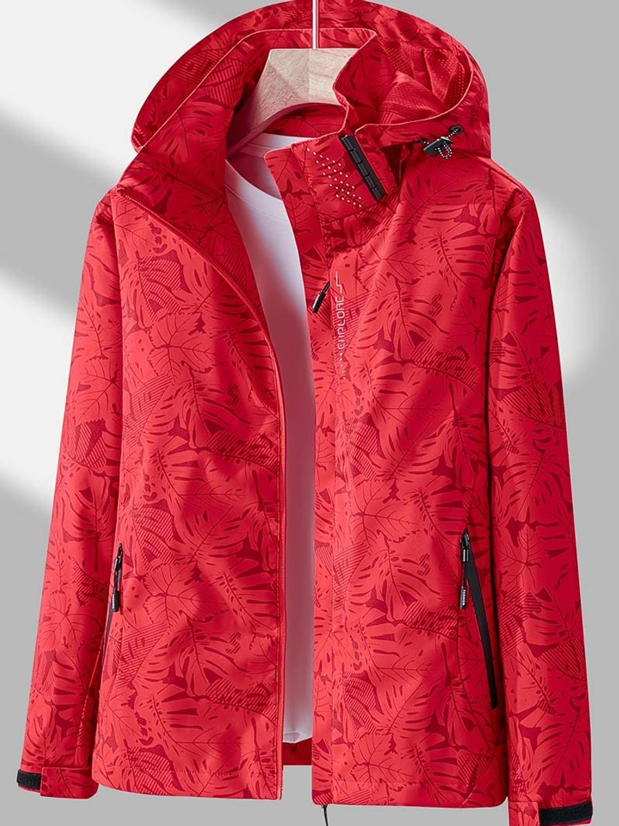 Stylish Tropical Leaf Print Hooded Jacket for Women with Zip Up Long Sleeve Zippered Pocket Outdoor Style
