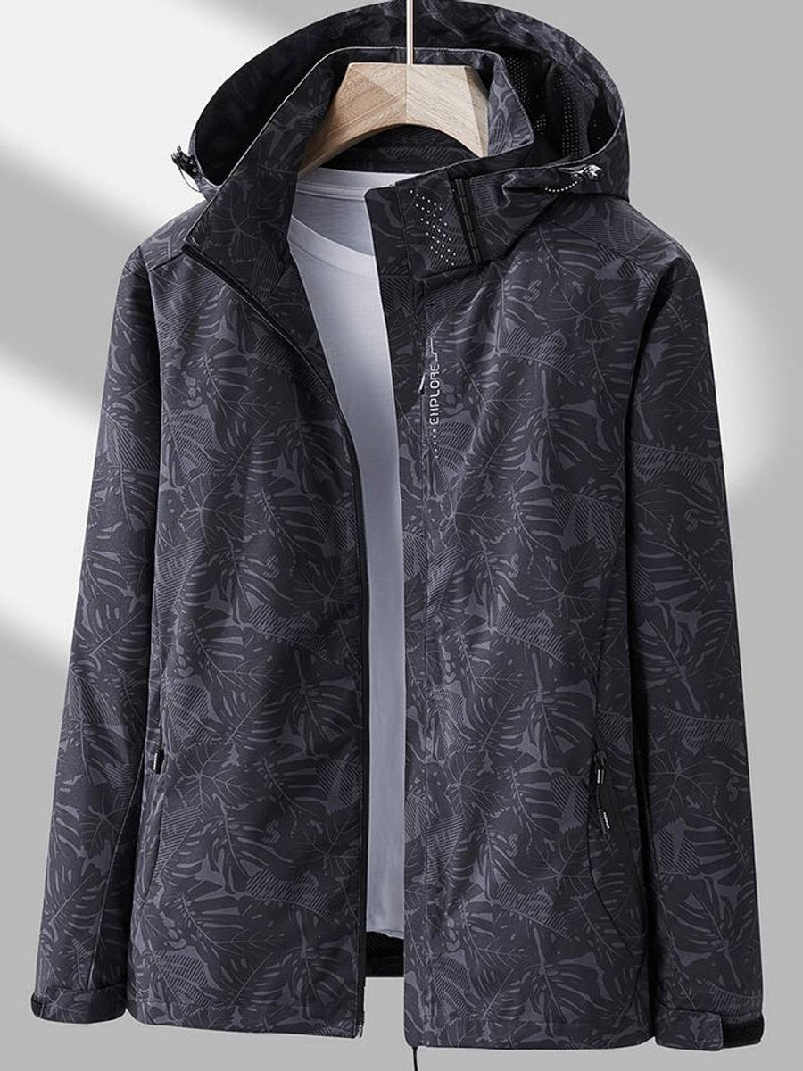 Stylish Tropical Leaf Print Hooded Jacket for Women with Zip Up Long Sleeve Zippered Pocket Outdoor Style