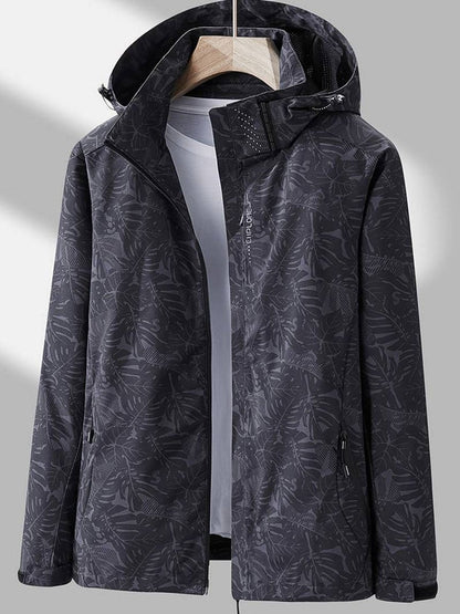 Stylish Tropical Leaf Print Hooded Jacket for Women with Zip Up Long Sleeve Zippered Pocket Outdoor Style
