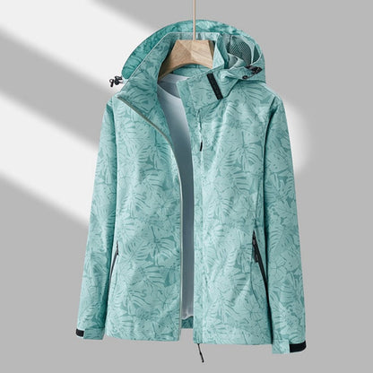 Stylish Tropical Leaf Print Hooded Jacket for Women with Zip Up Long Sleeve Zippered Pocket Outdoor Style