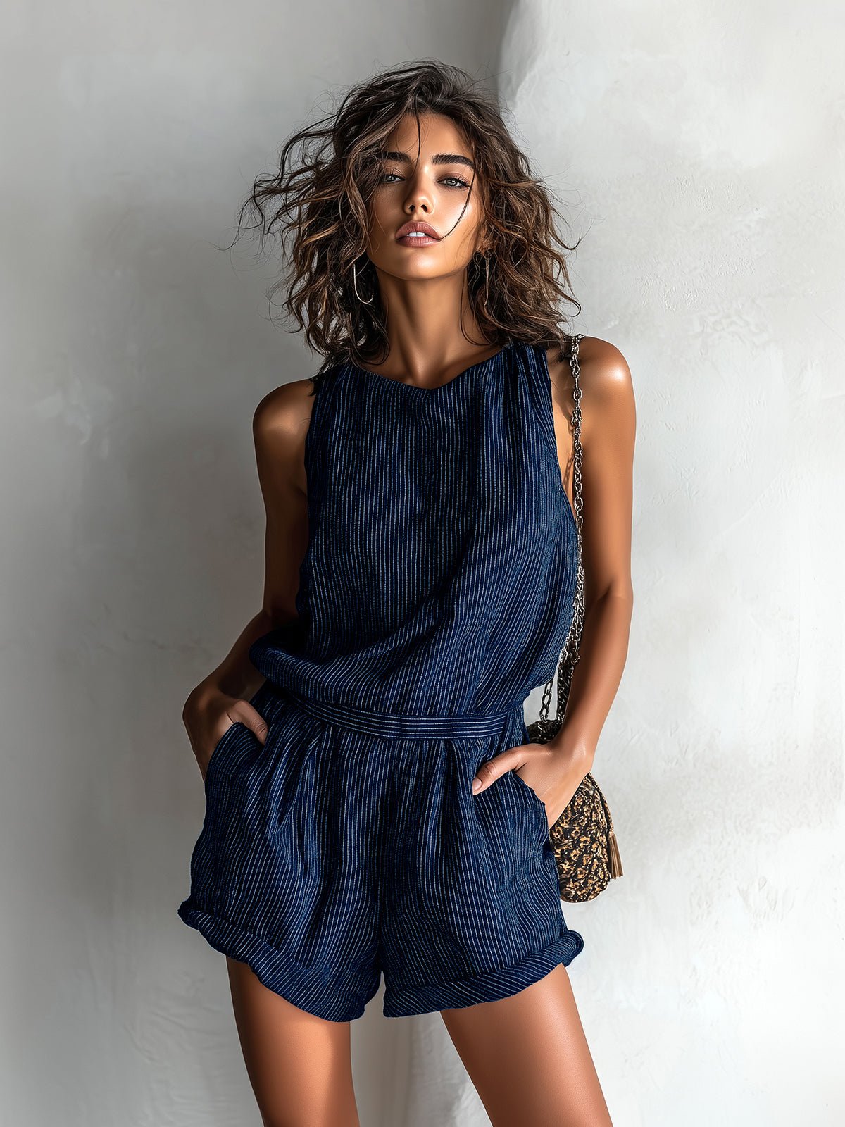 Effortless Romper for Women with Round Neck Sleeveless Drawstring Relaxed Casual Style