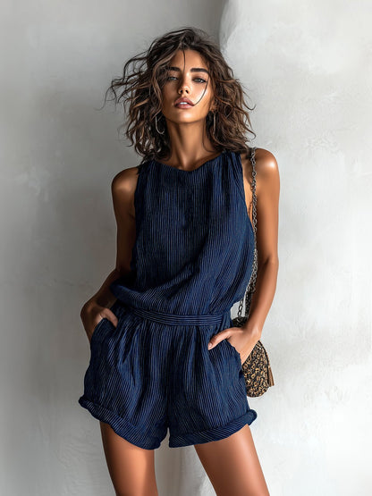 Effortless Romper for Women with Round Neck Sleeveless Drawstring Relaxed Casual Style