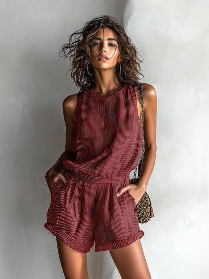 Effortless Romper for Women with Round Neck Sleeveless Drawstring Relaxed Casual Style