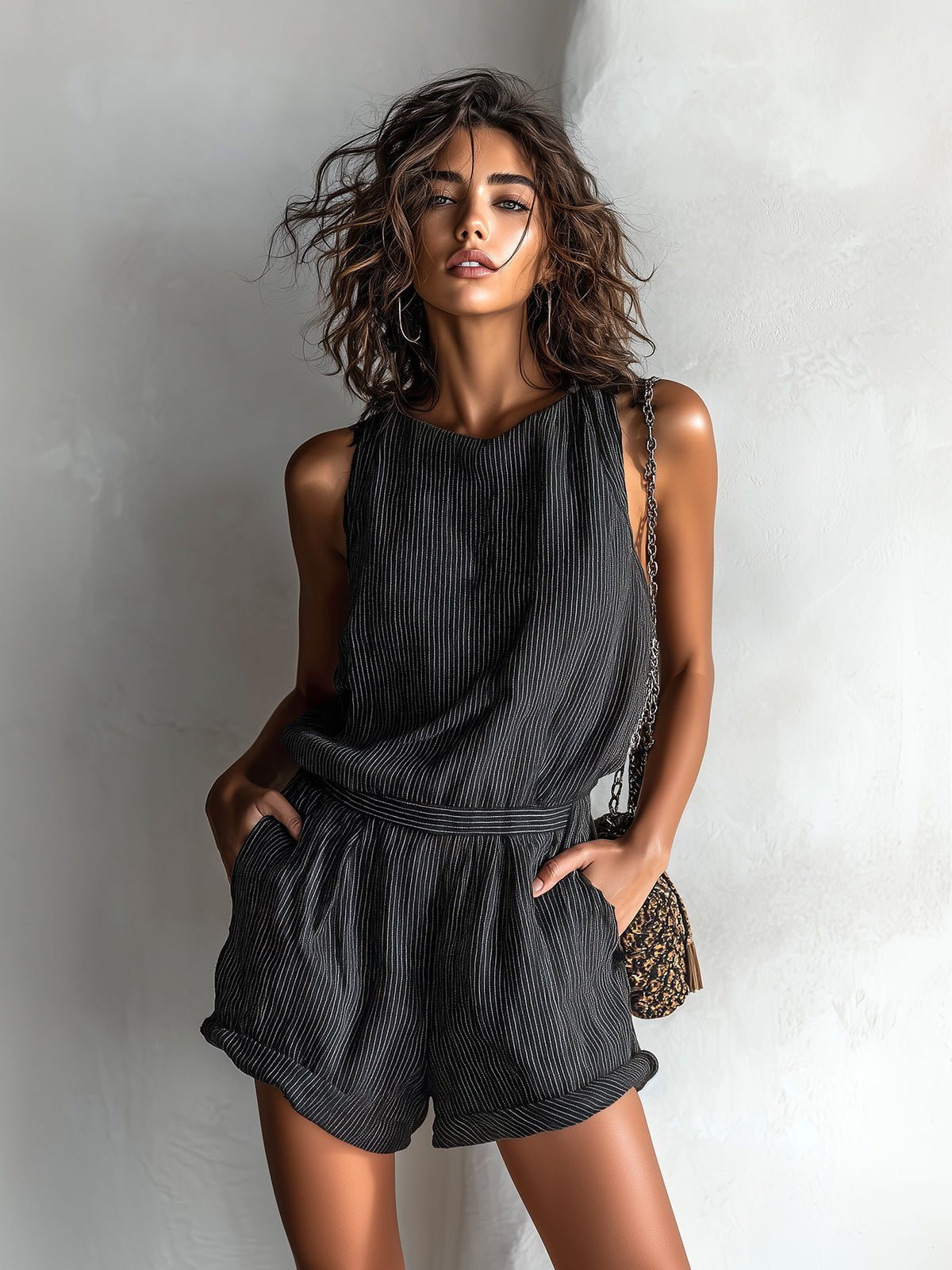 Effortless Romper for Women with Round Neck Sleeveless Drawstring Relaxed Casual Style