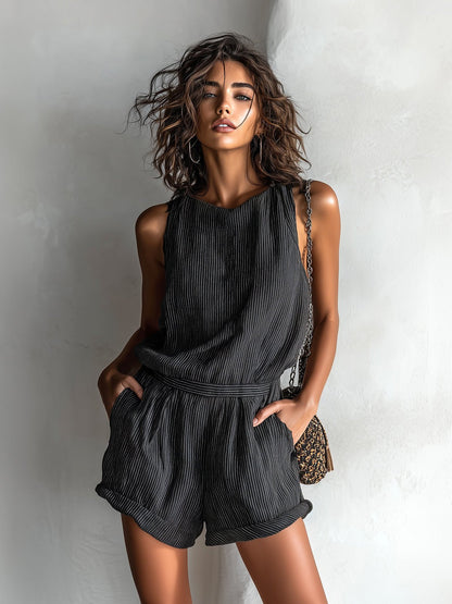 Effortless Romper for Women with Round Neck Sleeveless Drawstring Relaxed Casual Style