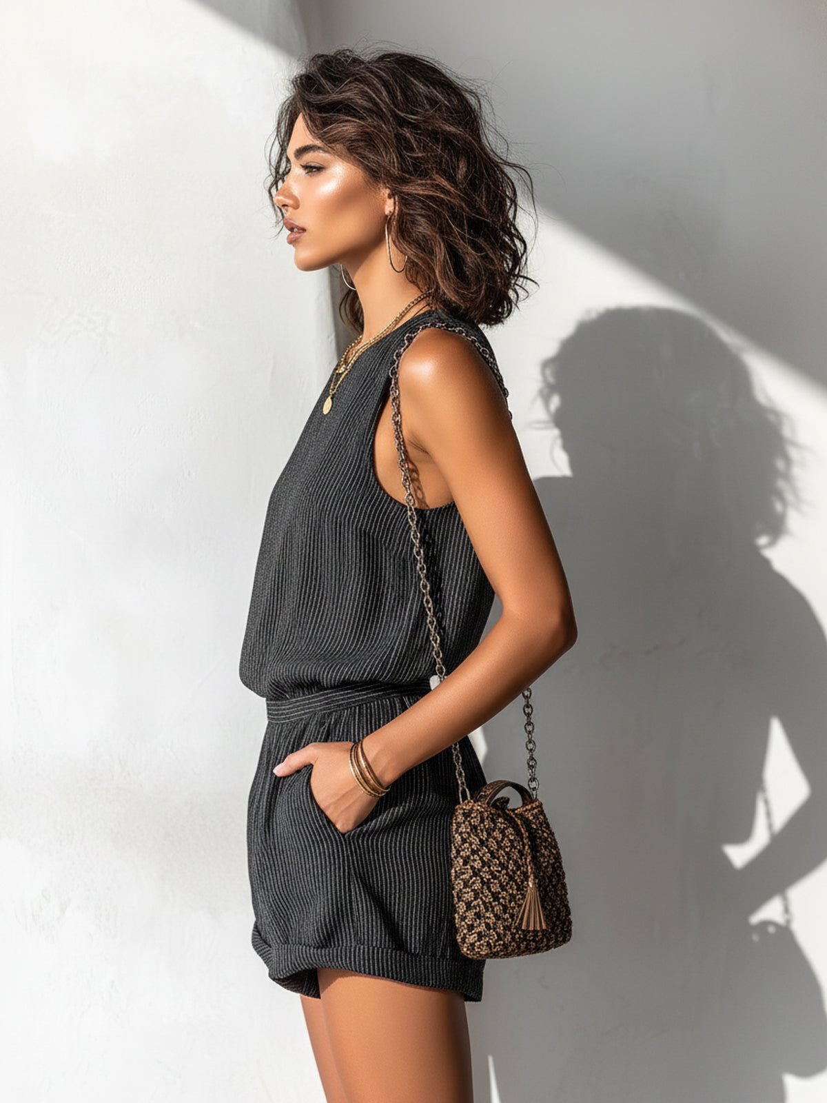 Effortless Romper for Women with Round Neck Sleeveless Drawstring Relaxed Casual Style