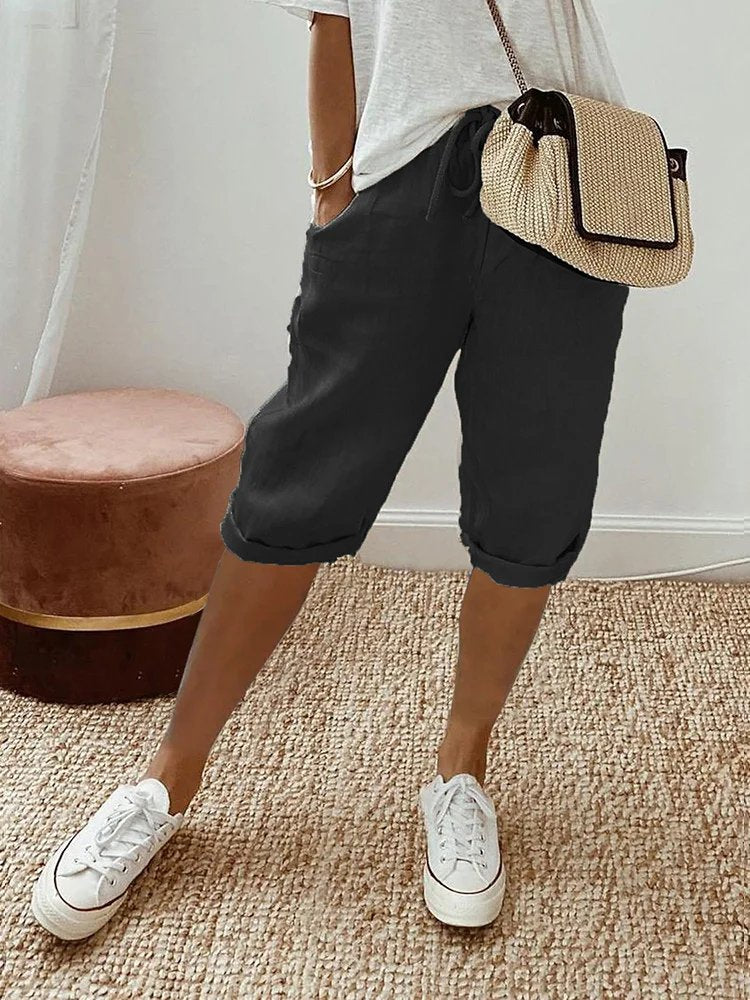 Effortless Linen Bermuda Shorts for Women with High Waist Drawstring Rolled Cuff Casual Style