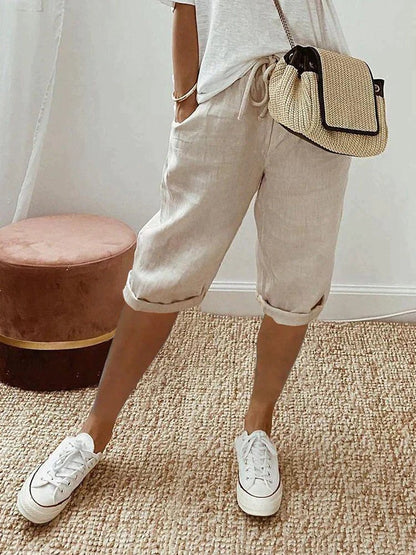 Effortless Linen Bermuda Shorts for Women with High Waist Drawstring Rolled Cuff Casual Style