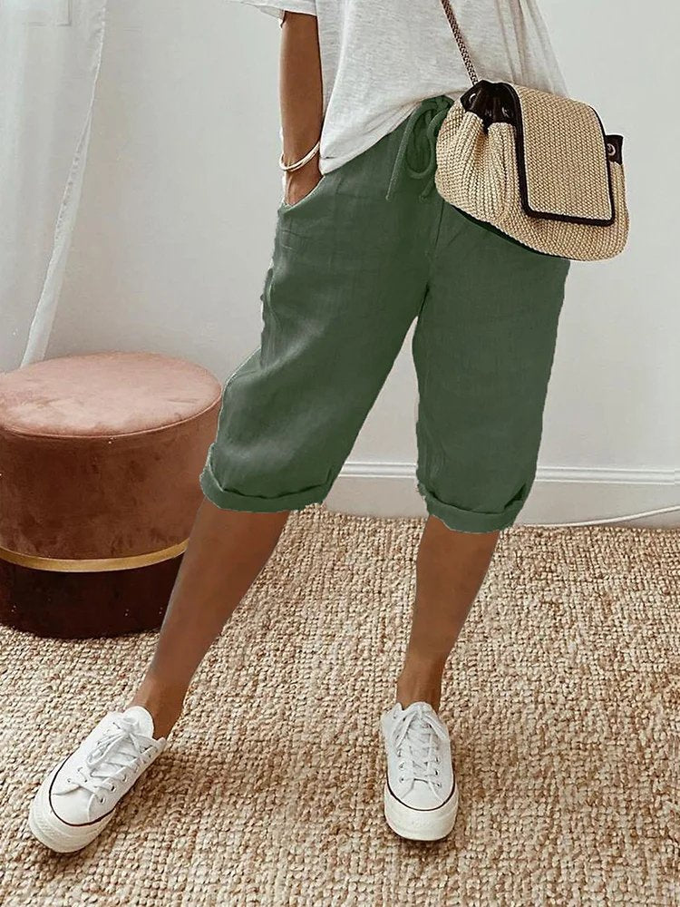 Effortless Linen Bermuda Shorts for Women with High Waist Drawstring Rolled Cuff Casual Style